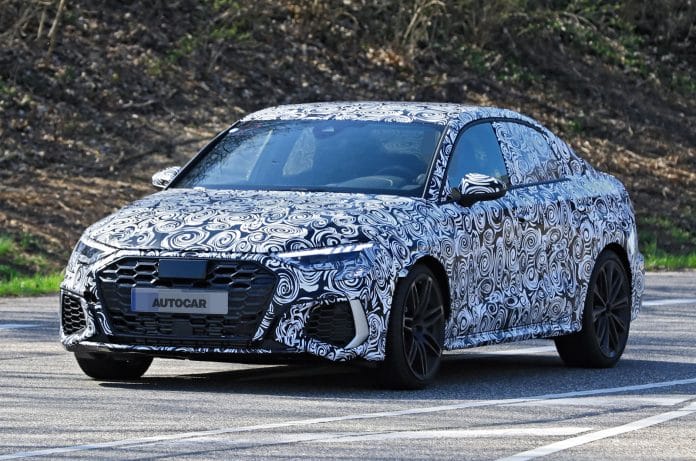 aria-label="new 2020 audi rs3 394bhp a45 rival spied in saloon form"