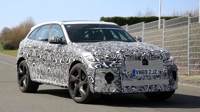 aria-label="new 2020 jaguar f pace svr spied tearing around the ring"
